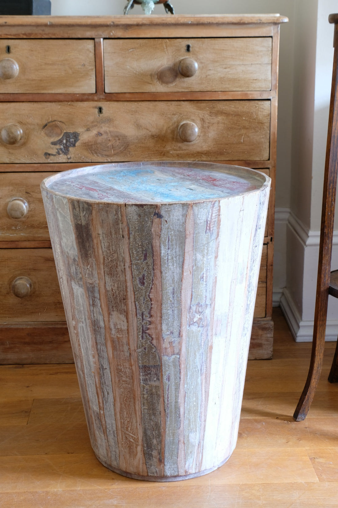 Vintage tub table with red and blue top made from hardwood staves