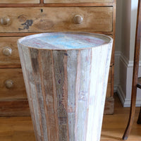 Vintage tub table with red and blue top made from hardwood staves
