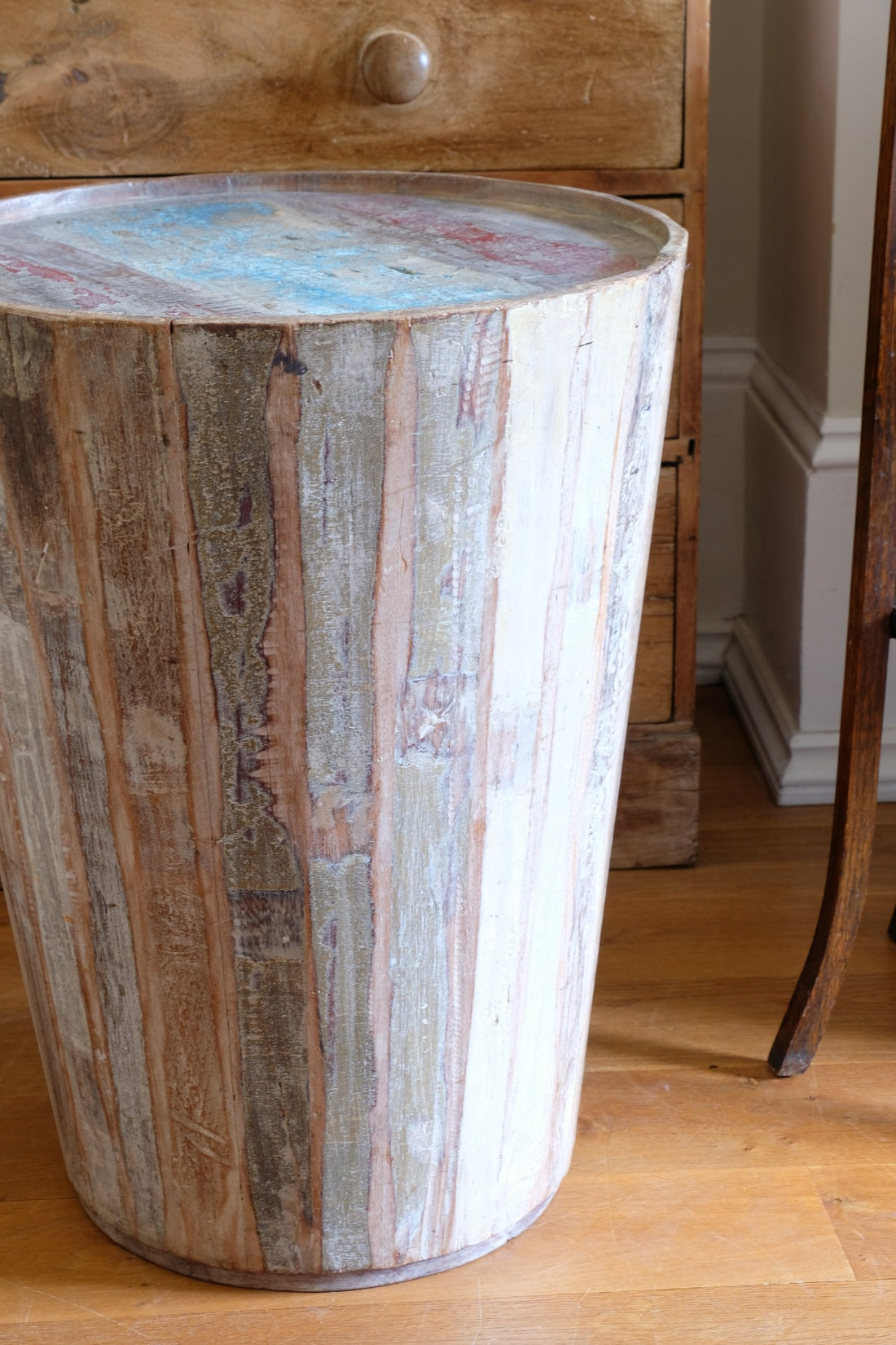 Vintage tub table with red and blue top made from hardwood staves