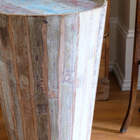 Vintage tub table with red and blue top made from hardwood staves