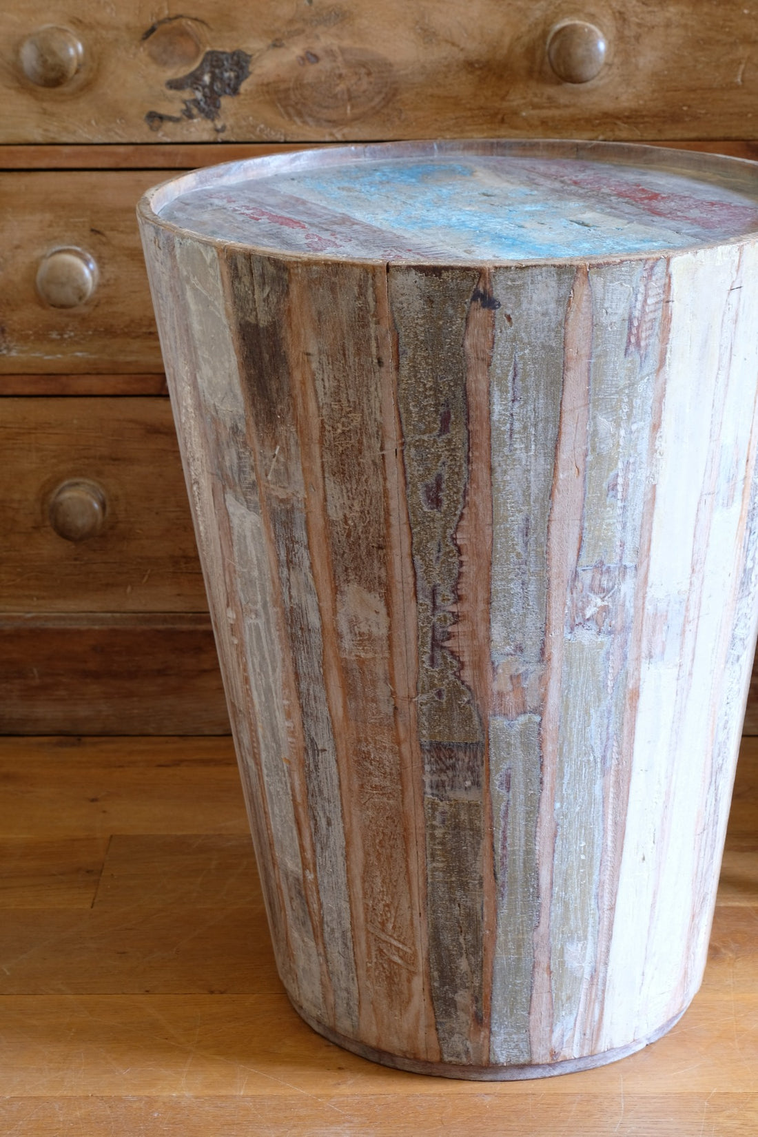 Vintage tub table with red and blue top made from hardwood staves