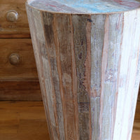 Vintage tub table with red and blue top made from hardwood staves