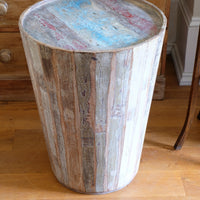 Vintage tub table with red and blue top made from hardwood staves