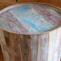 Vintage tub table with red and blue top made from hardwood staves
