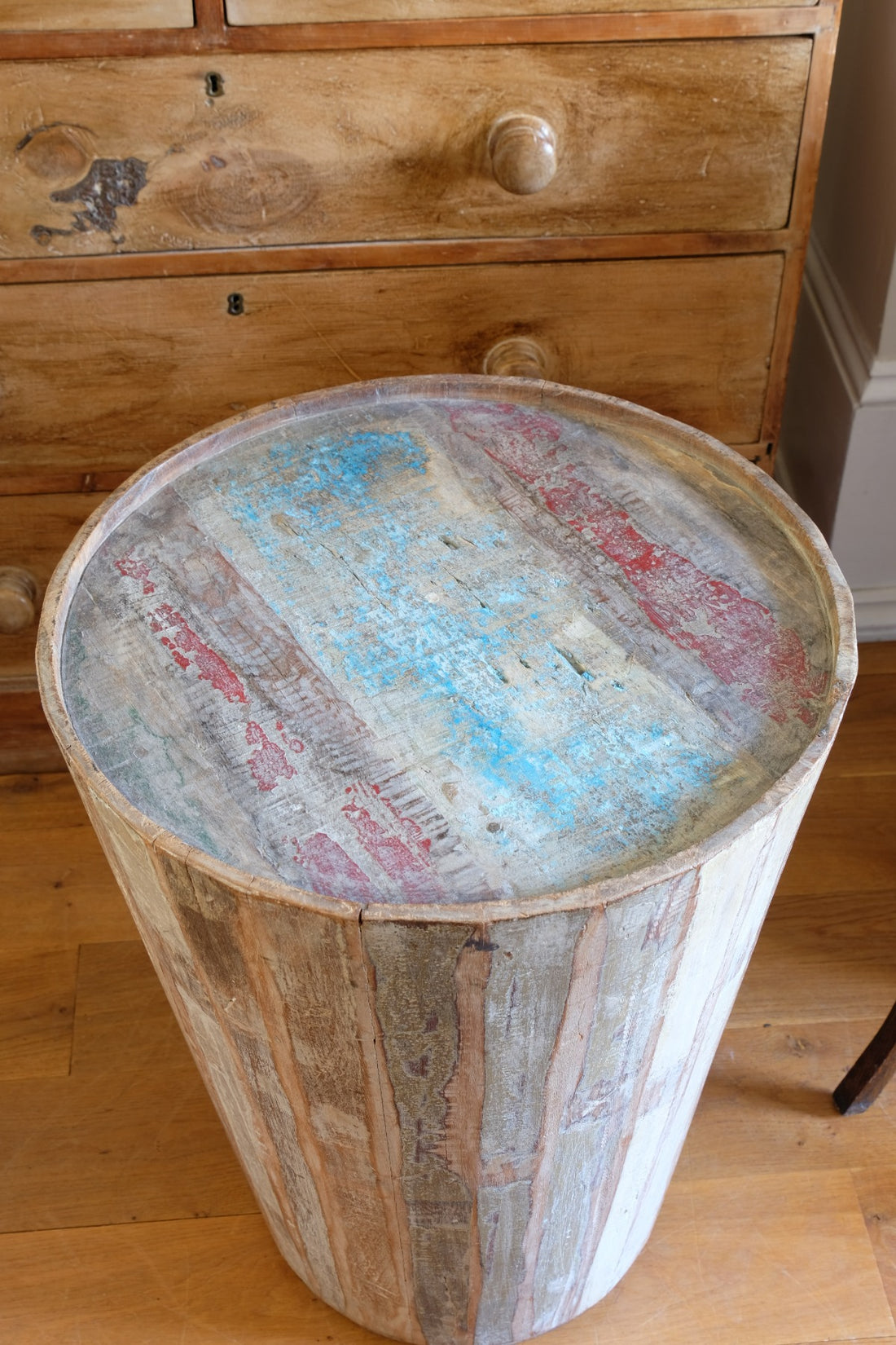 Vintage tub table with red and blue top made from hardwood staves