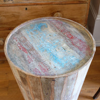 Vintage tub table with red and blue top made from hardwood staves