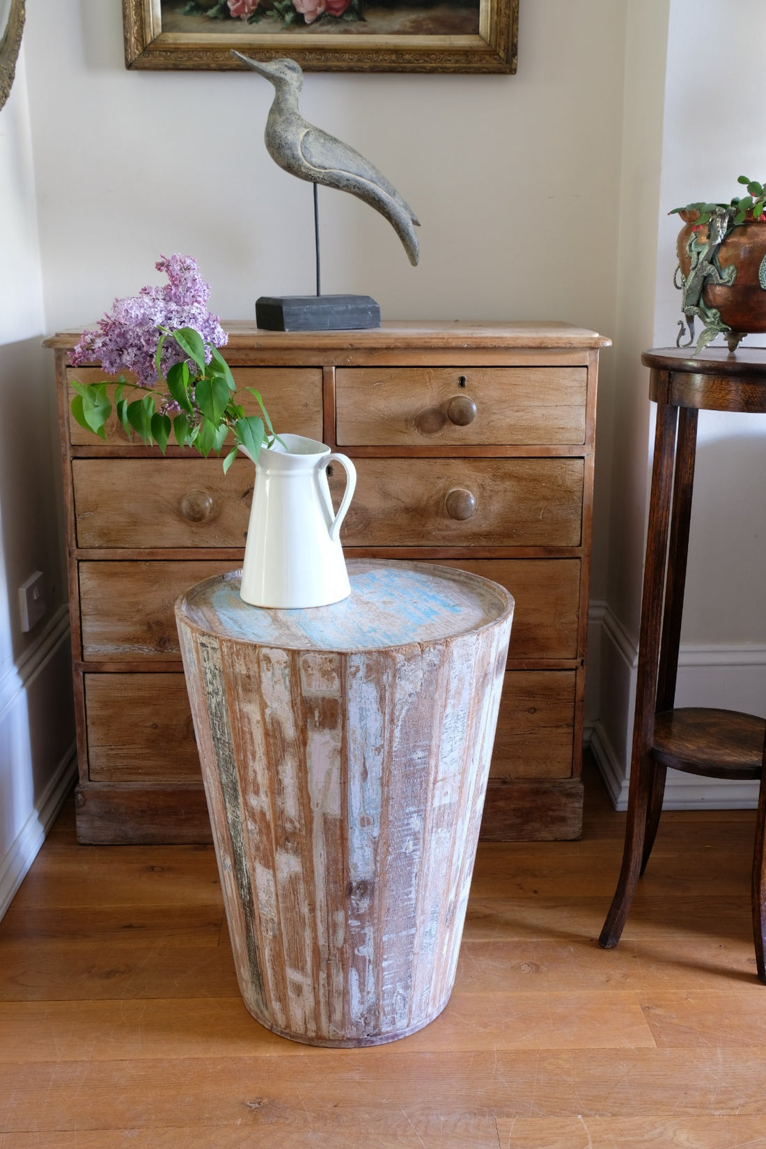Retro tub table featuring a blue top, crafted from solid hardwood staves