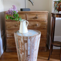 Retro tub table featuring a blue top, crafted from solid hardwood staves