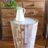Retro tub table featuring a blue top, crafted from solid hardwood staves