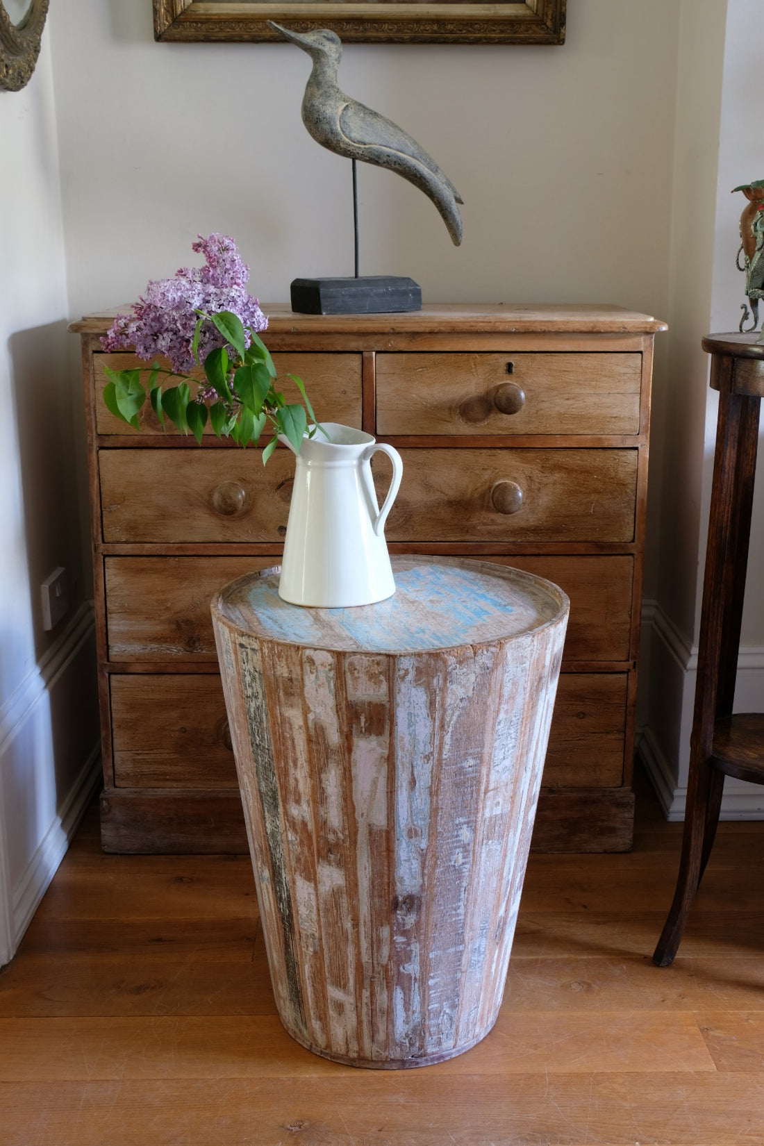 Retro tub table featuring a blue top, crafted from solid hardwood staves