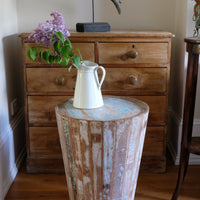 Retro tub table featuring a blue top, crafted from solid hardwood staves