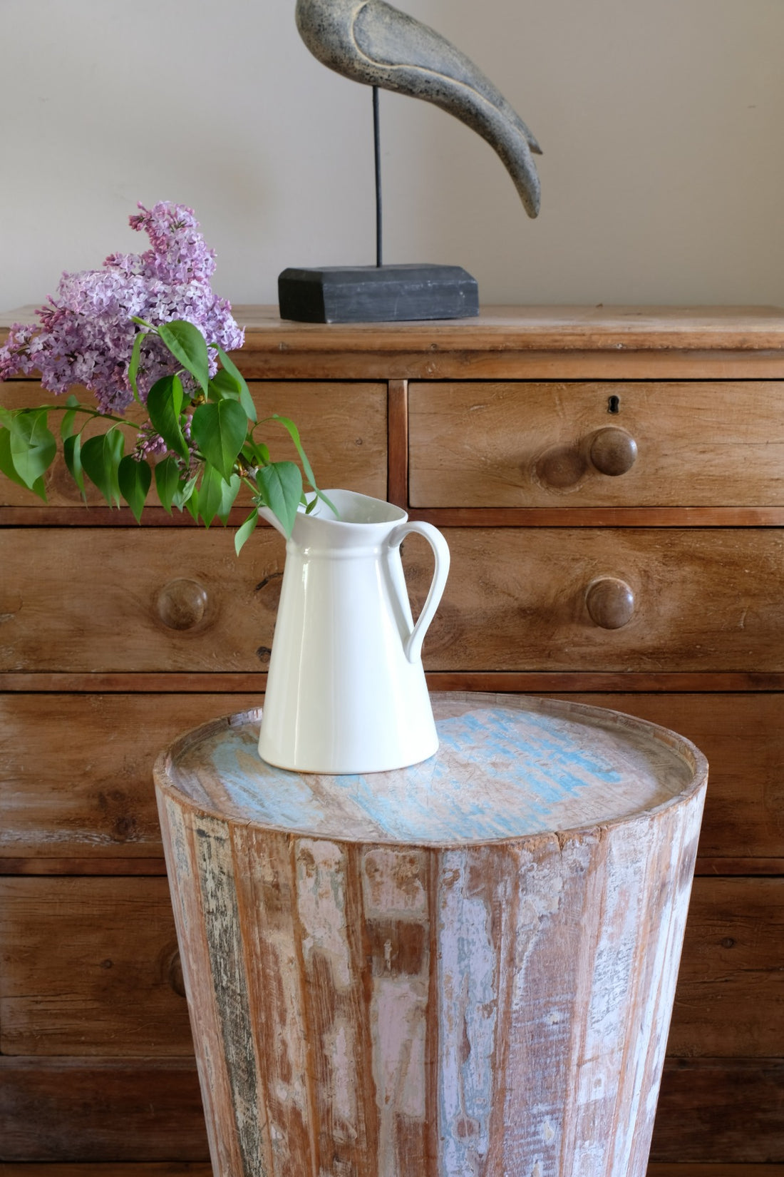 Retro tub table featuring a blue top, crafted from solid hardwood staves