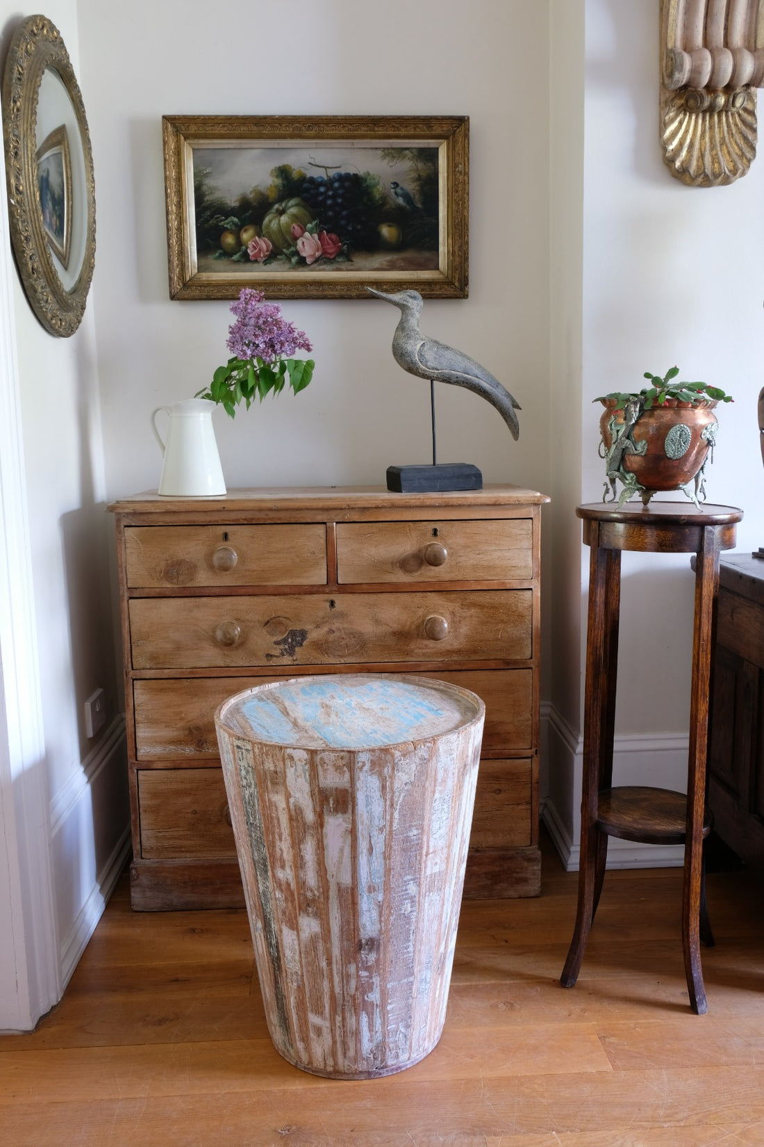 Retro tub table featuring a blue top, crafted from solid hardwood staves