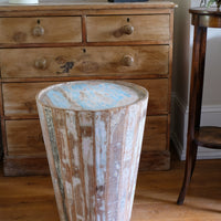Retro tub table featuring a blue top, crafted from solid hardwood staves