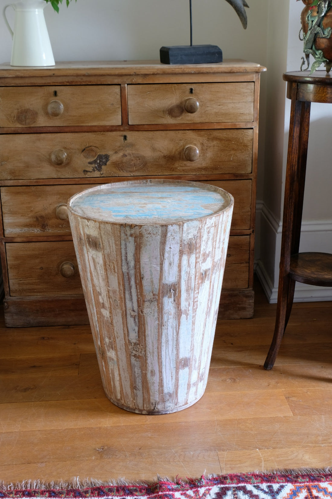 Retro tub table featuring a blue top, crafted from solid hardwood staves