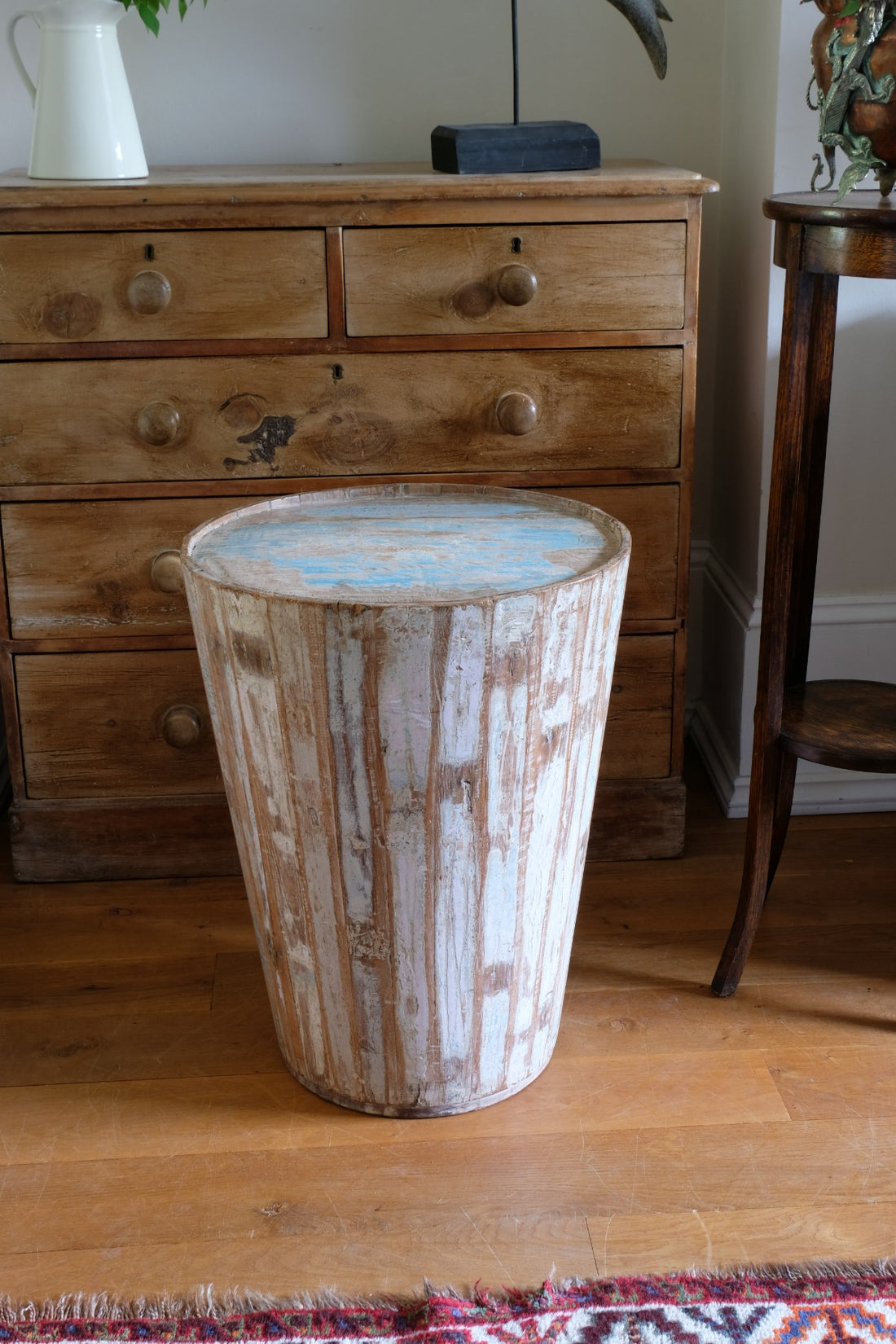 Retro tub table featuring a blue top, crafted from solid hardwood staves