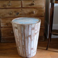 Retro tub table featuring a blue top, crafted from solid hardwood staves
