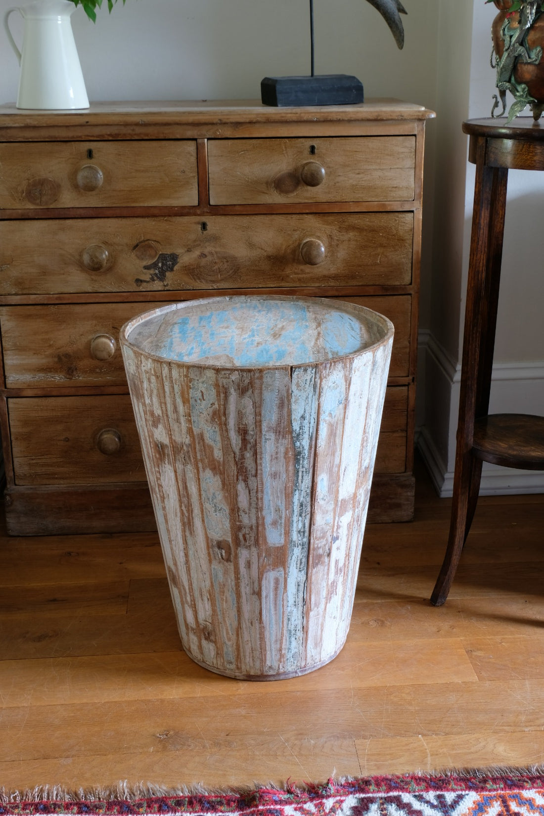 Retro tub table featuring a blue top, crafted from solid hardwood staves