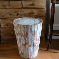 Retro tub table featuring a blue top, crafted from solid hardwood staves