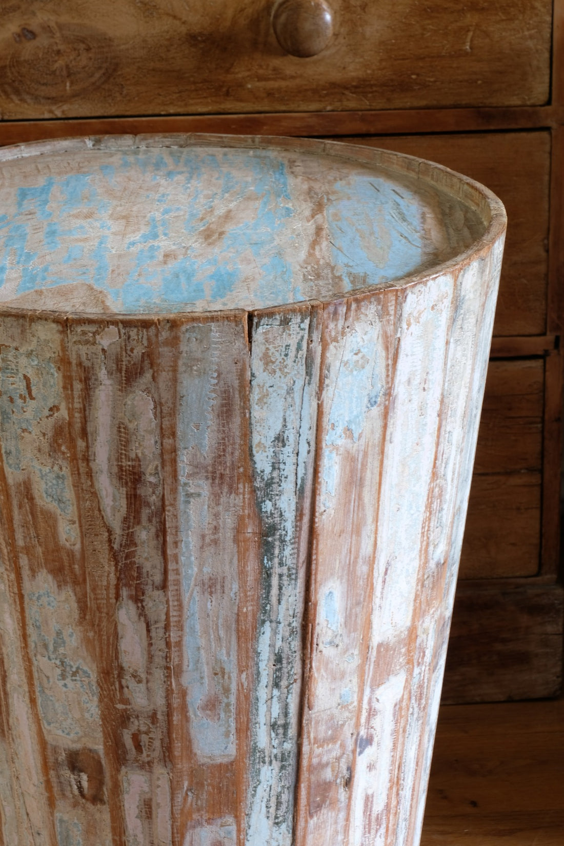 Retro tub table featuring a blue top, crafted from solid hardwood staves