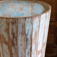 Retro tub table featuring a blue top, crafted from solid hardwood staves