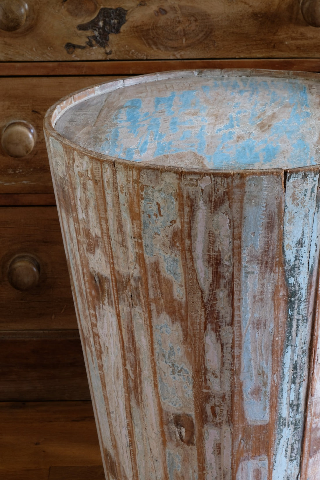 Retro tub table featuring a blue top, crafted from solid hardwood staves
