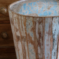 Retro tub table featuring a blue top, crafted from solid hardwood staves