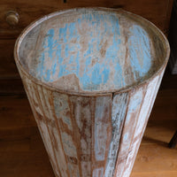 Retro tub table featuring a blue top, crafted from solid hardwood staves