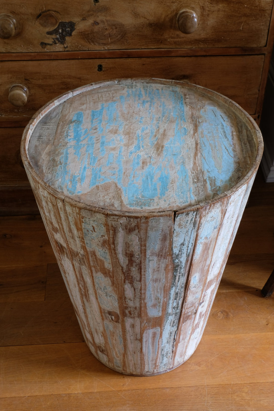 Retro tub table featuring a blue top, crafted from solid hardwood staves