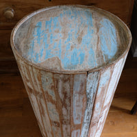 Retro tub table featuring a blue top, crafted from solid hardwood staves