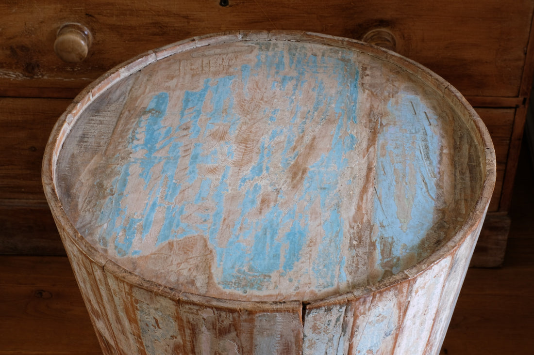 Retro tub table featuring a blue top, crafted from solid hardwood staves