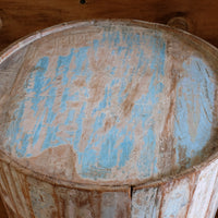 Retro tub table featuring a blue top, crafted from solid hardwood staves