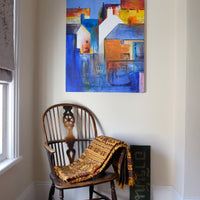 Fishing Boats in the Shadows original harbour oil painting by J Murray showing moored boats and coastal buildings