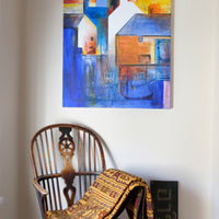 Fishing Boats in the Shadows oil painting by J Murray – burnt orange harbour scene
