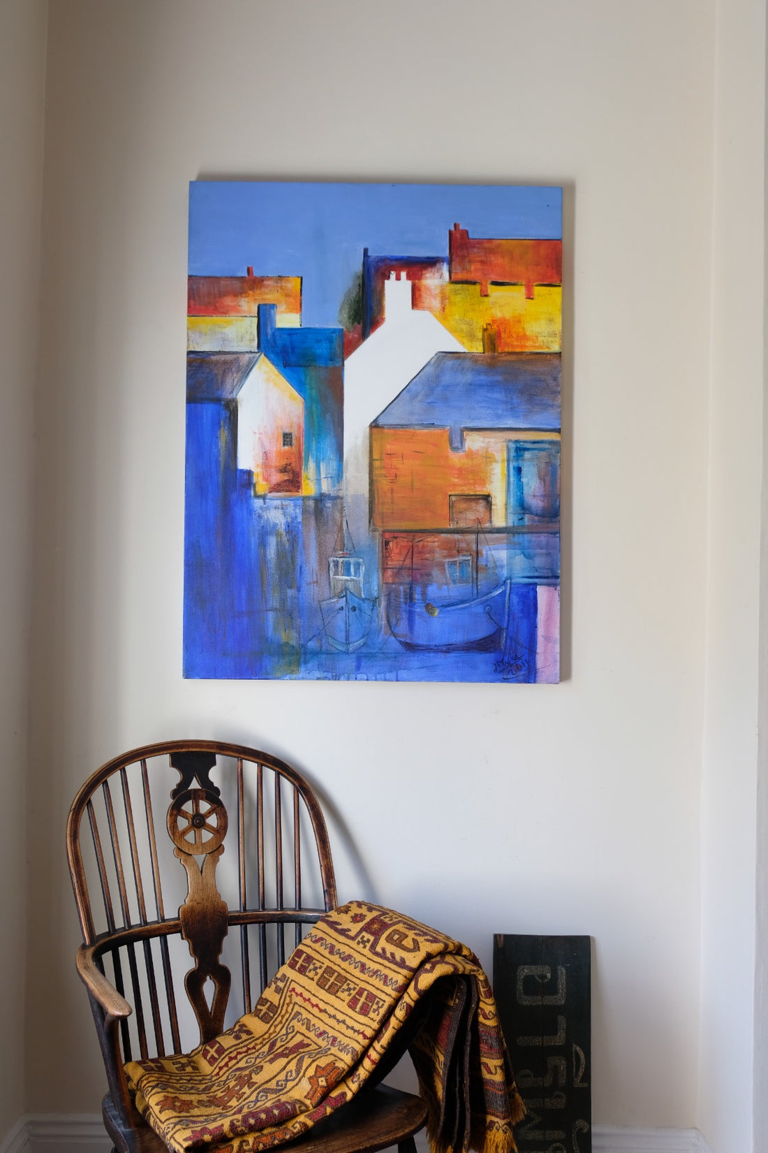 Fishing Boats in the Shadows oil painting by J Murray – burnt orange harbour scene