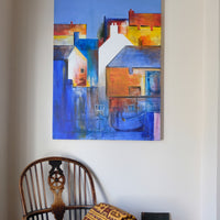 Fishing Boats in the Shadows oil painting by J Murray – burnt orange harbour scene