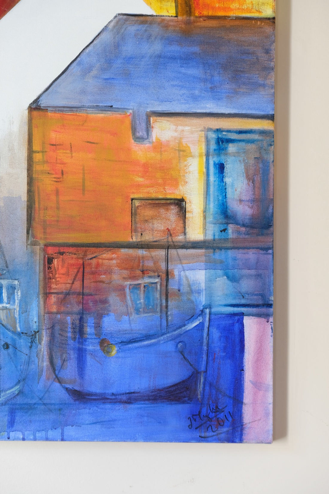 Fishing Boats in the Shadows oil painting by J Murray – burnt orange harbour scene