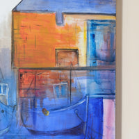 Fishing Boats in the Shadows oil painting by J Murray – burnt orange harbour scene