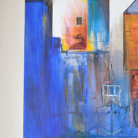 Fishing Boats in the Shadows oil painting by J Murray – burnt orange harbour scene