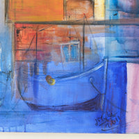 Abstract painting with blue and orange tones