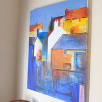 Fishing Boats in the Shadows original harbour oil painting by J Murray showing moored boats and coastal buildings