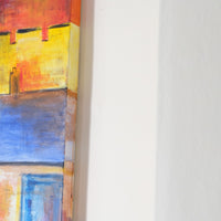 Fishing Boats in the Shadows oil painting by J Murray – burnt orange harbour scene