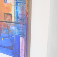Fishing Boats in the Shadows oil painting by J Murray – burnt orange harbour scene