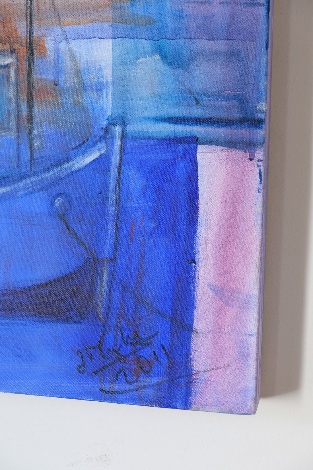 Fishing Boats in the Shadows oil painting by J Murray – burnt orange harbour scene