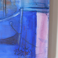 Fishing Boats in the Shadows oil painting by J Murray – burnt orange harbour scene