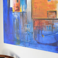 Fishing Boats in the Shadows oil painting by J Murray – burnt orange harbour scene