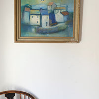 Expressive coastal harbour painting with moonlight and mist, oil on board