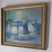 Expressive coastal harbour painting with moonlight and mist, oil on board