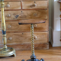 Antique Victorian brass telescopic wine table with mahogany top and lion’s paw feet