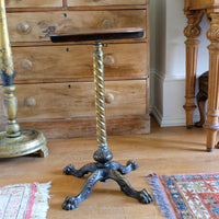 Antique Victorian brass telescopic wine table with mahogany top and lion’s paw feet